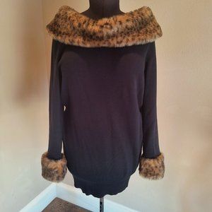 Black Sweater with Cheetah Faux Fur Collar and Sleeve Details